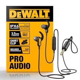DEWALT Auriculares con Cable y micrófono - Auriculares de Obra con Cable de 3,5 mm - Auriculares con Cable y micrófono Resistentes al Agua - Auriculares con Cable para Trabajos al Aire Libre