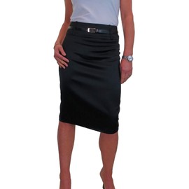 icecoolfashion Women's Stretch Satin Below Knee Bodycon Pencil Skirt with Belt Party Evening Business Black (18)