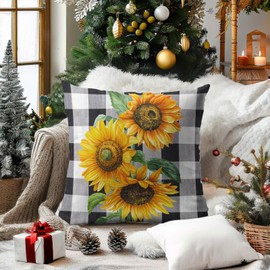 KSLIDS Sunflower Pillow Covers 18x18 Inch Set of 2 Summer Flower Black White Buffalo Plaid Decorative Throw Pillows Yellow Floral Pillow Cases Farmhouse Home Decor for Cushion Couch Sofa Outdoor