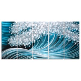 RICHSPACE ARTS Metal Wave Wall Art Large Horizontal Paintings Contemporary Blue Accents Home Decor Coastal Nautical Ocean Artwork on Aluminum for Office Living Room Bedroom Home Walls