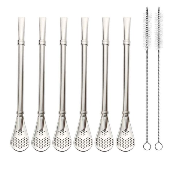 EvaGo Reusable Stainless Steel Drinking Straws with Filter Spoon 6 Pieces Yerba Mate Tea Bombilla Drinking Straws with 2 Pieces Cleaning Brushes Set, 6.1inch Long