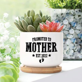 DecStic Promoted to Mother Planters Ceramic Bible Verse Round Plant Pots with Drainage Holes and Bamboo Tray Pot for Home Desktop Office Windowsill