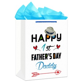 WaaHome First Fathers Day Gift Bag for New Dad - 13" Large Happy 1st Fathers Day Gift Bag with Tissue Paper Dad Wrapping Paper Bag Gifts for First Time, Expectant, New Dad Daddy to Be from Daughter Son Baby