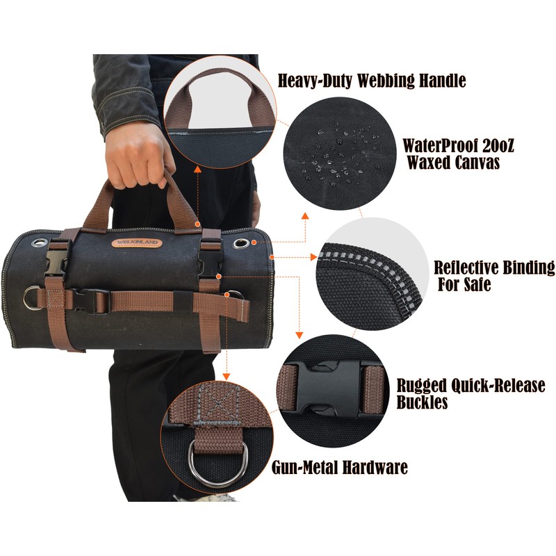WELKINLAND Heavy-Duty Waxed Canvas Tool roll, 15-Pockets Tool Wrap Roll,