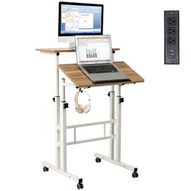 Hadulcet Mobile Standing Desk with Charging Station, Adjustable Standing Computer Desk, Standing Adjustable Laptop Cart with Wheels for Home Office Classroom Vintage Oak