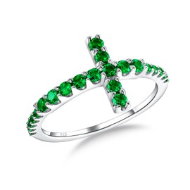 RANDES Sideways Cross Ring 925 Sterling Silver Green Emerald Eternity Band Purity Rings for Women Christian Size 6