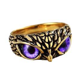 SINLEO Stainless Steel Signet Biker Ring Vintage Animal Demon Eye Owl Rings for Men Women Statement Jewelry Gold Purple Eye Size 13