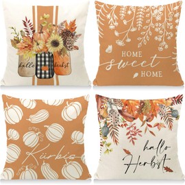 Cirzone Autumn Decorative Autumn Cushion Cover 45 x 45 cm Set of 4 Pumpkin Maple Leaf Autumn Decorative Cushion Autumn Decoration for Home Garden Sofa Bedroom