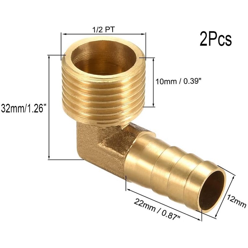 TA-VIGOR 2Pcs Brass Barb Hose Fitting, 90 Degree Elbow 12mm