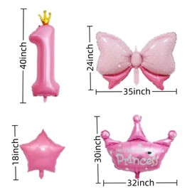 1st Birthday Princess Party Decorations - Pink Balloons Set With 40 Inch Number 1, Helium Foil Crown and Butterfly Balloons