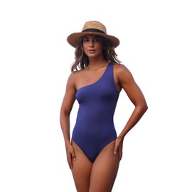 Women's One-Shoulder One-Piece Swimsuit Bodysuit with Removable Padding | Brazilian-Style | Made-in-Brazil (US, Alpha, Large, Regular, Regular, Navy Blue)