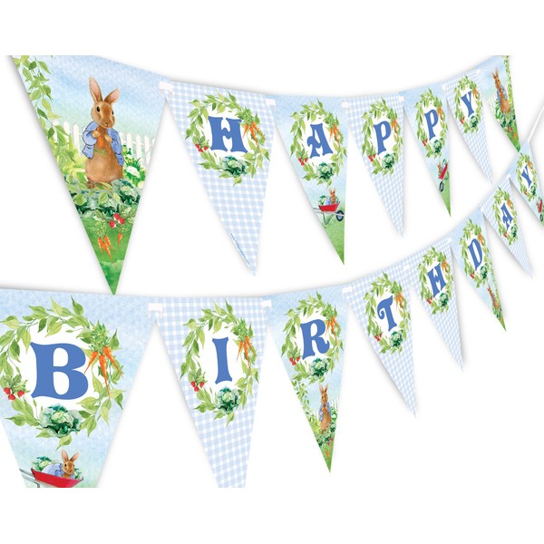 Peter Happy Birthday Banner Pennant - Rabbit Birthday Decorations - Peter Party Supplies - Blue