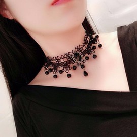 Aneneiceera Boho Black Crystal Lace Choker Necklace Black Pearl Pendant Necklace Choker Gothic Drop Collar Necklace Retro Vintage Necklace Chain Jewellery Gifts (Black D), Metal, Pearl