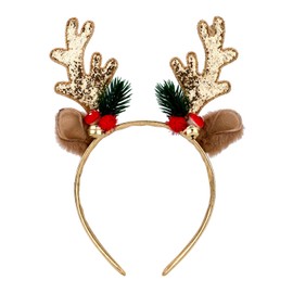 Christmas Reindeer Antler Headband, Gold Deer Antler Headband with Bell, Glitter Antler Ears, Headband, Deer Antler Headband for Women Girls