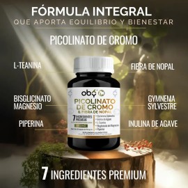 Picolinato Cromo Premium + Fibra Nopal, Magnesio, L Teanina, Gymnema, Inulina y Piperina | 100% Puro | Bis Glicinato | Vitaminas Mujer Y Hombre | Anti