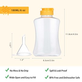 2 Pack Plastic Honey Bottles with Funnel, 180ml Squeeze Honey Jars Leakproof Honey Dispenser No Drip with Flip Lid Condiment Container for Ketchup Mustard Dressing Sauce Syrup Oil Epoxy, BPA Free