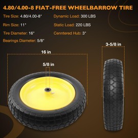 HQPASFY 16" Flat Free Tire 4.80/4.00-8 Wheelbarrow Tire and Wheel, 3" Centered Hub, 5/8" & 3/4" Bearings – Solid No-Flat Replacement for Wheelbarrows, Garden Carts, Dump Carts, Lawn Equipment