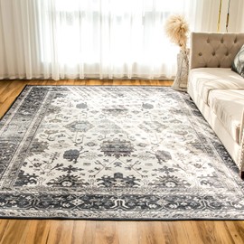 VK VK·LIVING Washable Rug 6x9 Area Rug for Living Room Bedroom Rug Lightweight Large Area Rug Thin Vintage Rug Non-Slip Machine Washable Rug for Dining Room Home Kitchen, Darkgrey