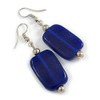 Navy Blue Square Glass Drop Earrings - 6cm Long