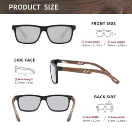 KINGSEVEN Design Wooden Polarised Rectangular Sunglasses for Men, Walnut Wood Frame, Mirrored Glasses for Driving, W5508, silver, M