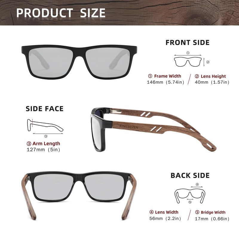 KINGSEVEN Design Wooden Polarised Rectangular Sunglasses for Men, Walnut Wood