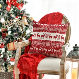 AVOIN colorlife Christmas Reindeer Snowflake Throw Pillow Cover, 18 x 18 Inch Red Seasonal Winter Holiday Red Cushion Case Decoration for Sofa Couch