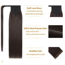 SEGO Ponytail Extension Human Hair 100% Real Human Hair Clip In Wrap Around Long Straight Ponytail With Magic Paste Pony Hairpieces for Women -22 Inch 95g 2 Dark Brown