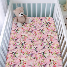 Hummingbird Spring Floral Fitted Baby Crib Sheets for Girl Boy 52"x28" Hummingbird Flowers Pink Crib Mattress Cover Colorful Birds Soft Breathable Baby Sheet for Standard Crib and Toddler Bed Mattress