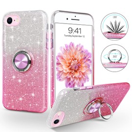 SouliGo Compatible with Apple 7/8/SE Case, Slim Thin Shinny Sparkly Soft TPU Shockproof Protective Rotatable Ring Kickstand Hybrid Protection Car Mount Support Girls Women, Pink Glitter