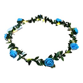Light Up Floral Wreath Crown Garland with Warm White LEDs - Glowtopia - Flower Headband Wedding Decoration Festivals (Rosebud - Blue)