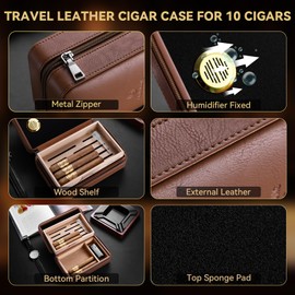 Demcigar Cigar Humidor, Leather Cigar Case with Cedar Wood Shelf, Portable Travel Cigar Humidor Case with Humidifier Can Hold 10 Cigars (Brown)