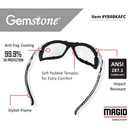 MAGID Gemstone Onyx Foam Lined Safety Glasses, ANSI Z87.1, Removable Foam Seal Blocks Dust & Debris, Anti-Fog UV Protection, Indoor & Outdoor Lens, Black Frame, 24 Pairs, Y84