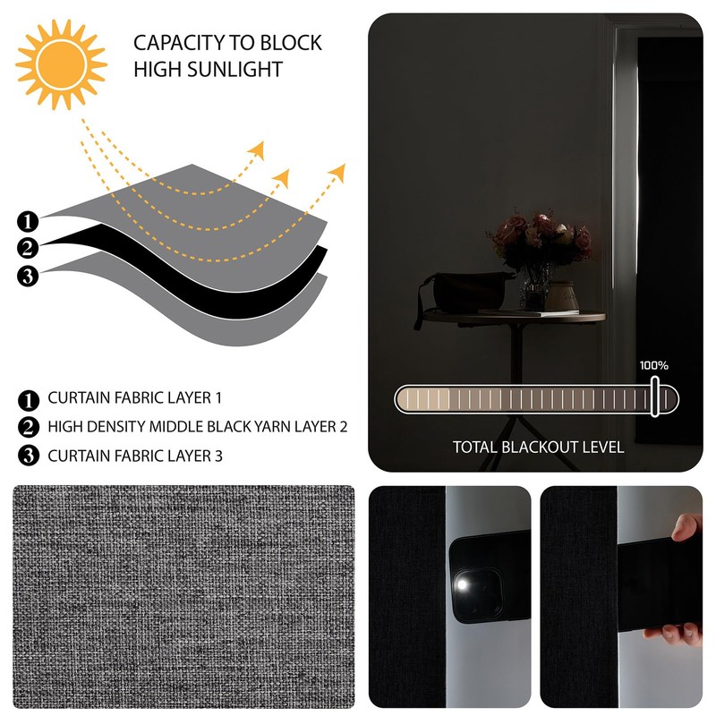 WDFour Blackout French Door Curtains, Triple Layers 100% Light Blocking