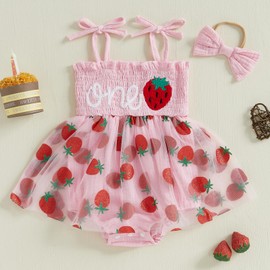 Baby Girl Summer Romper Dress Sleeveless Letter Strawberry Embroidery Tulle Romper 1st Birthday Outfit with Headband (A-a-Pink, 12-18 Months)