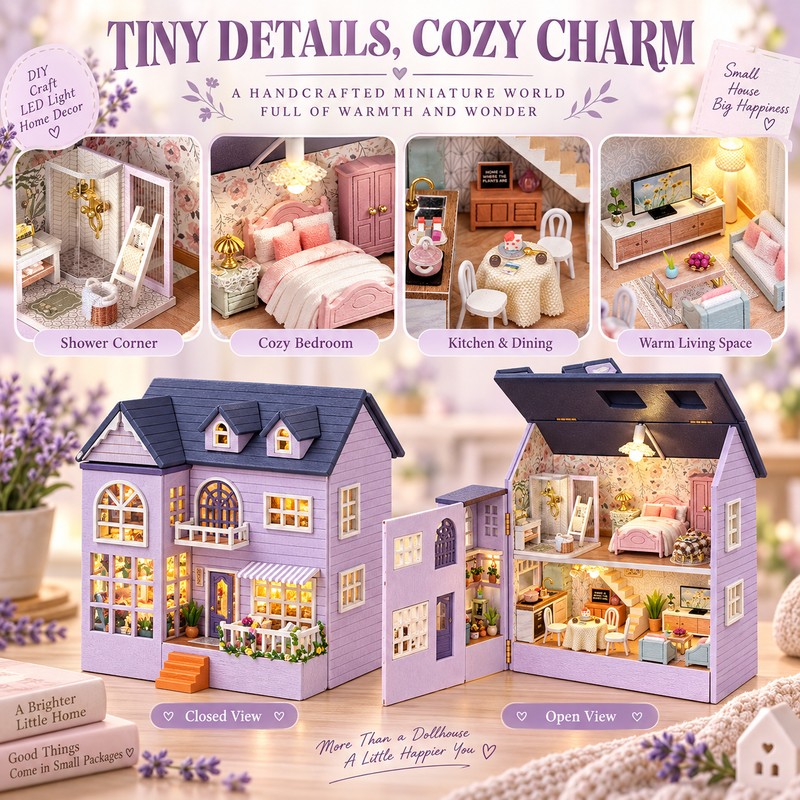 DIY Miniature House Kit with Furniture and LED Light, Wooden