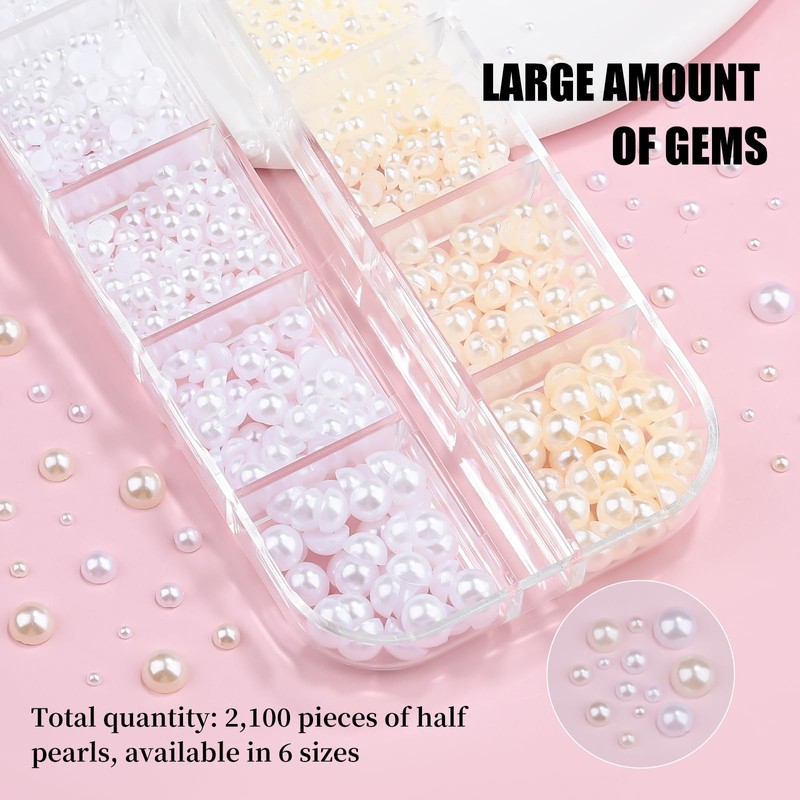 2160 Pcs Resin Half Round Pearls Kit, 1.5-5mm White &