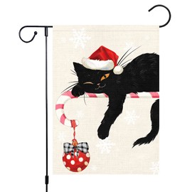 Louise Maelys Merry Christmas Garden Flag 12x18 Double Sided, Burlap Winter Christmas Bell Black Cat Garden Yard Flags for Xmas Christmas Outside Outdoor Decoration (ONLY FLAG)