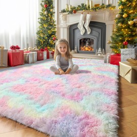 Rainbow Fluffy Rugs for Girls Bedroom, Unicorn Room Decor,Pastel Area Rug for Kids, Shag Carpet for Nursery, Soft Play Mat for Baby, Fuzzy Rug for Living Room, Plush Rug for Playroom, Throw Rug 6x9