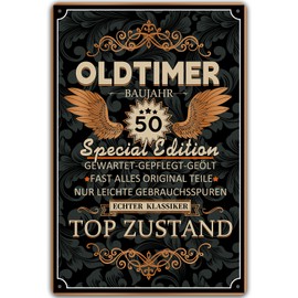 Tin Sign 50th Birthday Sign, Oldtimer BAUJAHR 50 Top Condition, Gifts for the 50th Birthday Man, Funny Sign 50th Birthday Decoration as Funny Birthday Card, Vintage Metal Sign 20 x 30 cm