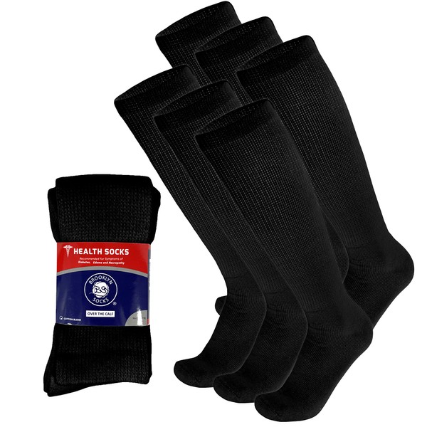 6 Pairs of Diabetic Over The Calf - Knee High Cotton Socks (Black- 6 Pairs, Fit Men's Shoe Size 10-12)