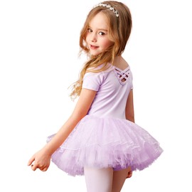 MdnMd Short Sleeve Dance Ballet Tutu Shiny Colorful Skirt Leotard Ballerina for Toddler Girls Dancewear (Purple, 2-4 Years)