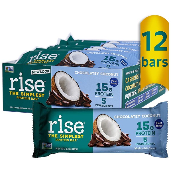 Rise Pea Protein Bar, Carob Coconut, Soy Free, Paleo Breakfast & Snack Bar, 15g Protein , 5 Natural Whole Food Ingredients, Simplest Non-GMO, Vegan, Gluten Free, Plant Based Protein, 12 Pack