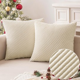MIULEE Set of 2 Christmas Cushion Covers Diagonal Striped Corduroy Throw Pillow Covers Decorative Pillows Pillowcases Decoration for Sofa Couch Living Room 45x45 cm 18x18 Inch Cream White