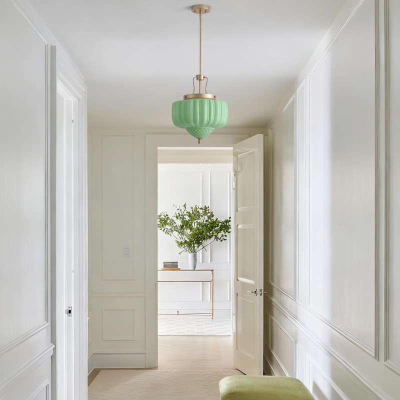 Blhxian Green Milk Glass Pendant Light,14" Brass Chandelier,Ceiling Light Fixture