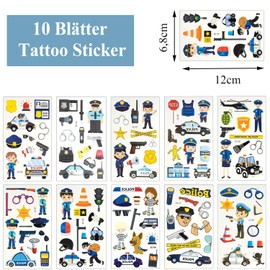 Canollo 10 Sheets of Tattoo Police for Children, Police Stickers, Birthday Decoration, Waterproof Stickers, Children's Tattoos, Boys, Party Decoration, Party Bags, Children's Birthday Party Favours