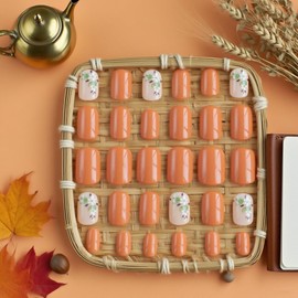 Fall Press on Nails Extra Short Fake Nails with Foralr Design Press Ons Artificial Acrylic Orange Autumn Glue on Nails Square Short Stick on Nails for Women Supplies 24Pcs