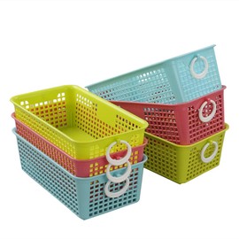 Kekow Small Plastic Storage Baskets, Office Supply Basket with Little Handles, Pack of 6 (Blue, Pink, Green)