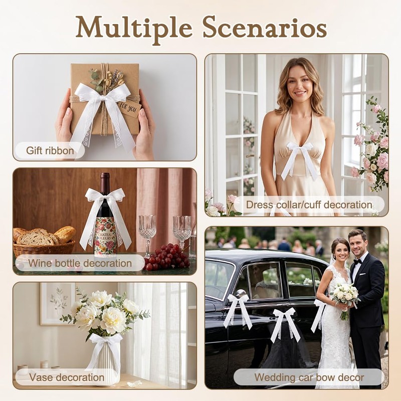 Alaoo Wedding Car Bow, 10Pcs White Wedding Bows with Double