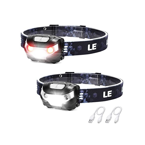LE Head Torch Rechargeable, Lightweight Headlamp with Red Warning Lights, 5 Lighting Modes, Waterproof, Suit for Cycling Running Camping Hiking Fishing and More, USB Cable Included, Pack of 2
