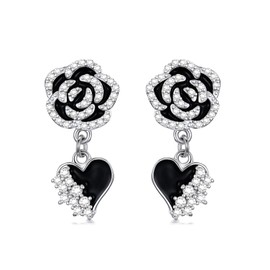 Flpruy Black Rose Earrings for Women 925 Sterling Silver Rose with Black Heart Earrings Rose Jewelry Rose Flower Gifts for Women